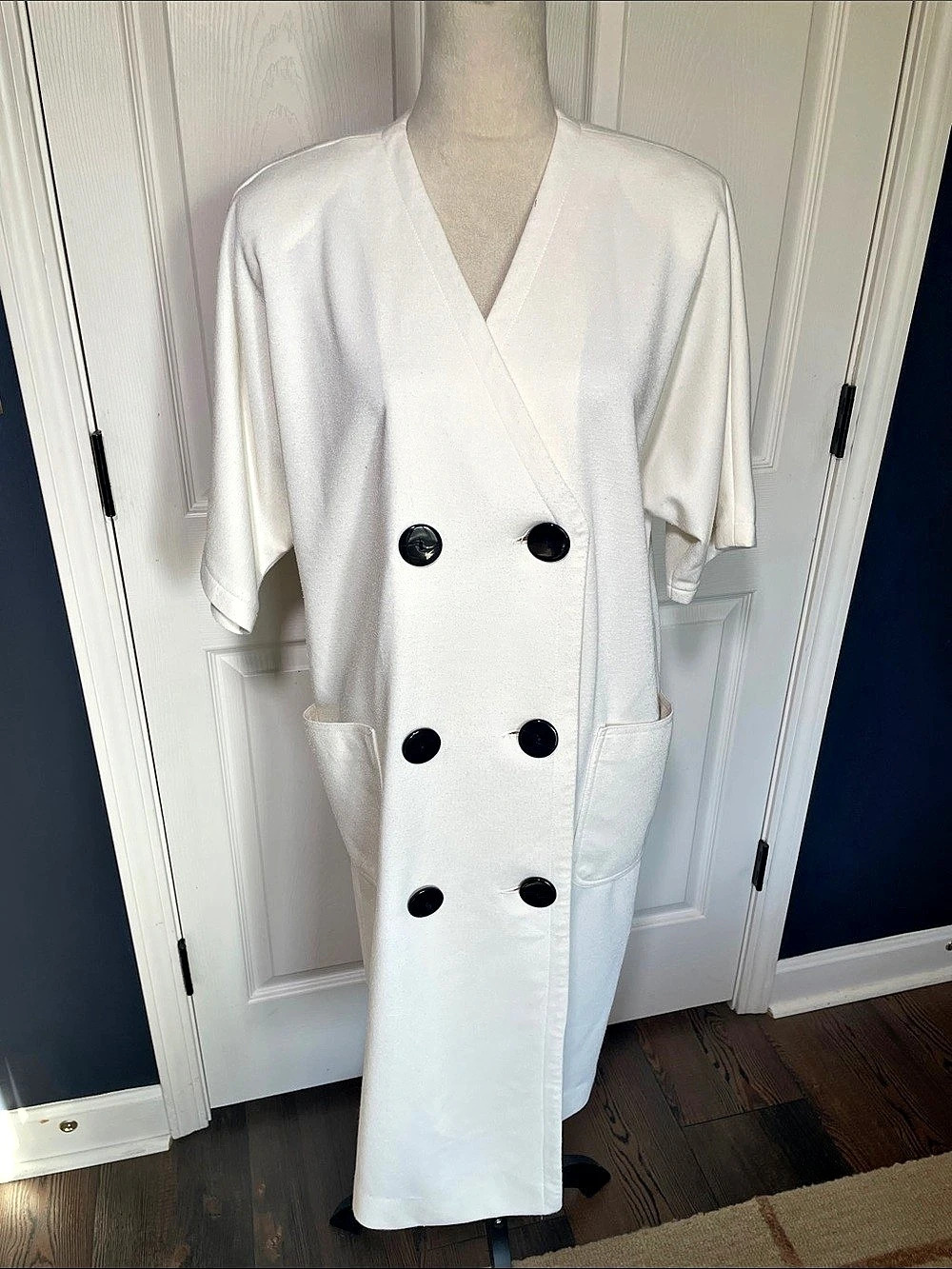 Vintage Leslie Fay Double Breasted Coat Dress Cream White V-Neck Pockets 80s L